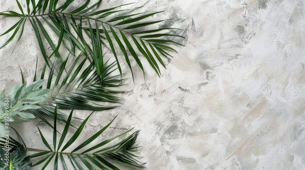 Poster summer themed composition with palm leaves on marble paper set on a soft gray backdrop concept evoke