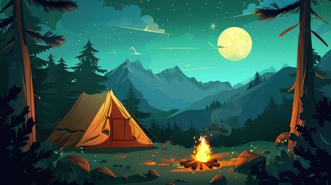 Glowing tent beside a campfire in a fantasy forest setting at night, creating a magical camping atmosphere.
 Seamless looping 4k time-lapse virtual video animation Generated AI