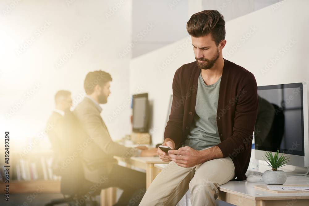 Poster Man, texting and creative in office or smartphone, reading and message with app notification. Browse, online and social networking in startup business, employee and conversation with virtual contact