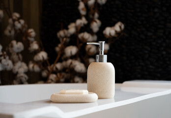 Bathroom accessories. Set of bathroom accessories. Liquid soap dispenser. Glass for toothbrush. Body care.