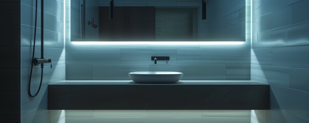Fototapeta premium A restroom with a floating vanity and sleek design, minimalist and modern, realistic, bright lighting, high detail