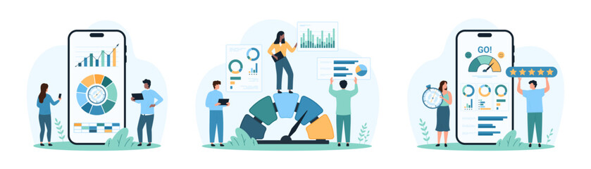 Strategic analysis of business product, benchmark performance set. Tiny people evaluate cost and quality indicators, monitoring data chart, diagram results with mobile app cartoon vector illustration © Iconic Prototype