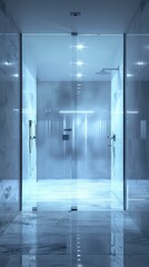 A restroom with a double shower and glass doors, spacious and modern, photorealistic, bright lighting, highresolution photo