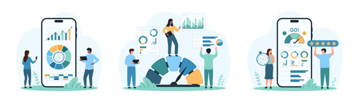 Strategic analysis of business product, benchmark performance set. Tiny people evaluate cost and quality indicators, monitoring data chart, diagram results with mobile app cartoon vector illustration