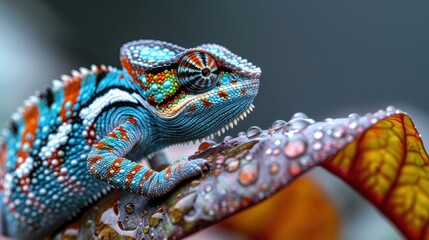 Obraz premium Chameleon perched on a rain-speckled branch flaunting vibrant and intricate colors, illustrating the harmony and adaptability found within nature's beauty.
