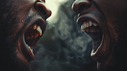 Intense close-up of two people yelling at each other, capturing raw emotion, tension, and conflict in a dramatic and powerful image.
