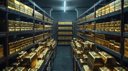 Vault filled with stacks of gold bars stored on shelves, illustrating wealth, security, and precious metal storage.