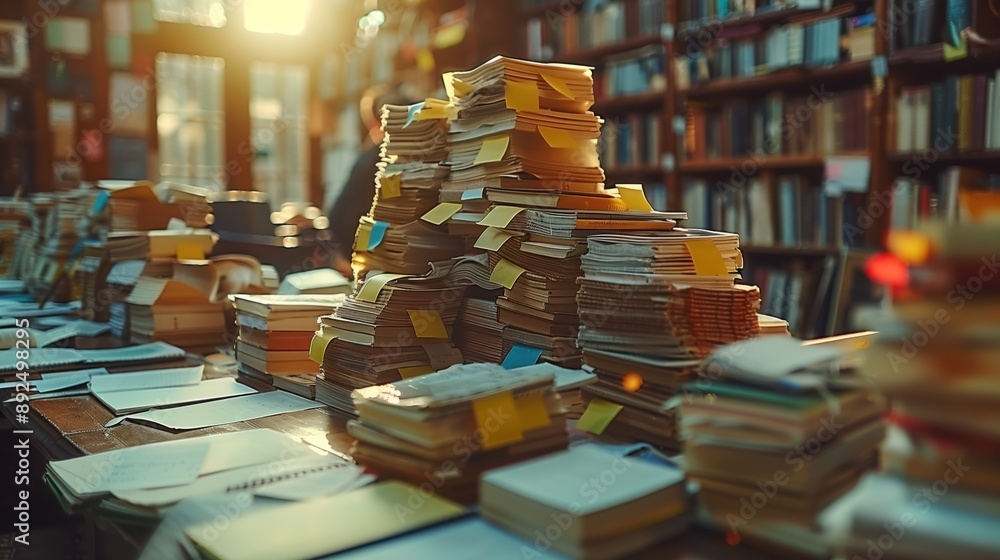 Poster stacks of books and sticky notes in library. stacks of books with sticky notes in a library, represe