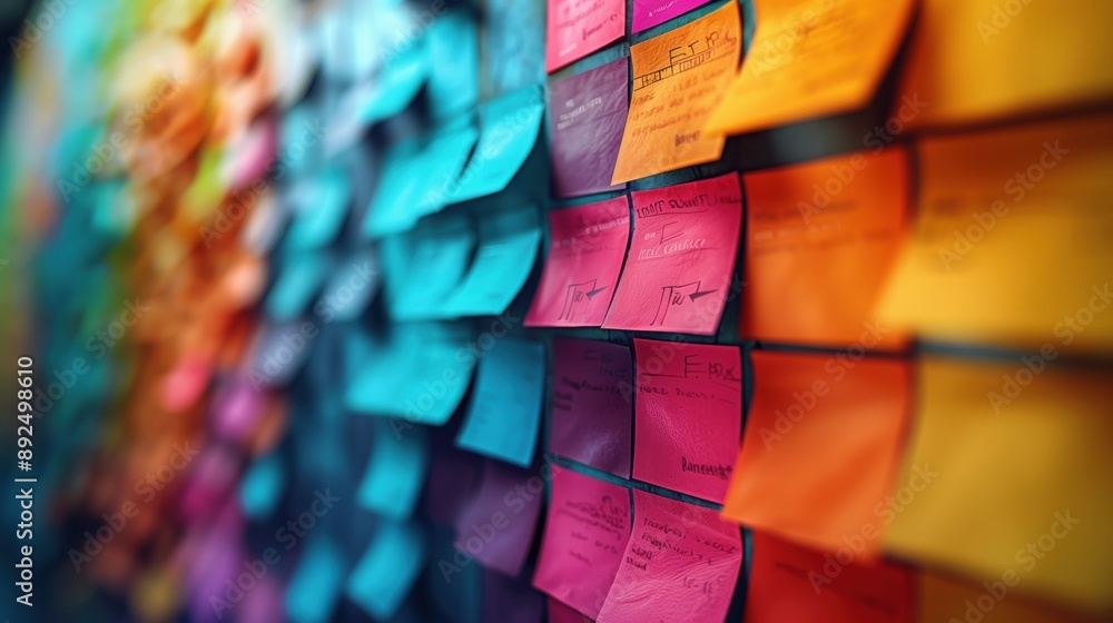 Poster vibrant sticky notes wall for idea generation. vibrant wall of colorful sticky notes used for idea g