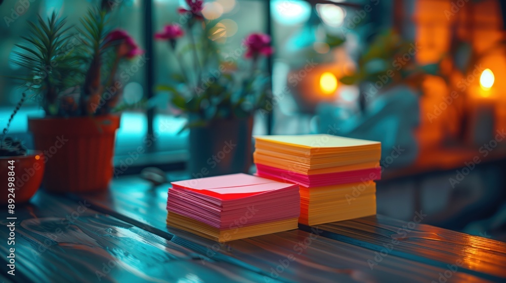 Poster stacks of colorful sticky notes in office. stacks of colorful sticky notes on a desk in an office wi
