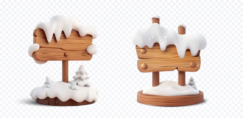 3D illustration of two wooden signs covered with snow, surrounded by small snow-covered pine trees. The signs are designed with a cartoonish style, perfect for holiday, winter, and Christmas
