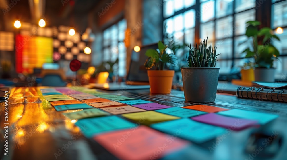 Poster creative desk with colorful sticky notes. creative desk with colorful sticky notes, plants, and docu