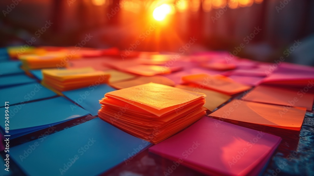 Poster colorful sticky notes in sunset light. collection of colorful sticky notes spread out on a table, il