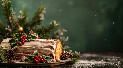 festive Christmas log cake with holly decorations on a deep forest green background, holiday-ready for festive text