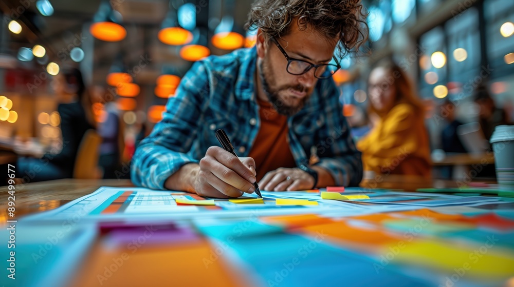 Poster man writing on sticky notes in office. man intensely focused on writing on sticky notes, surrounded 