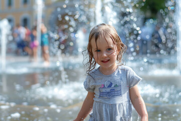 Happy little girl playing in a street flat fountain on a hot summer day.