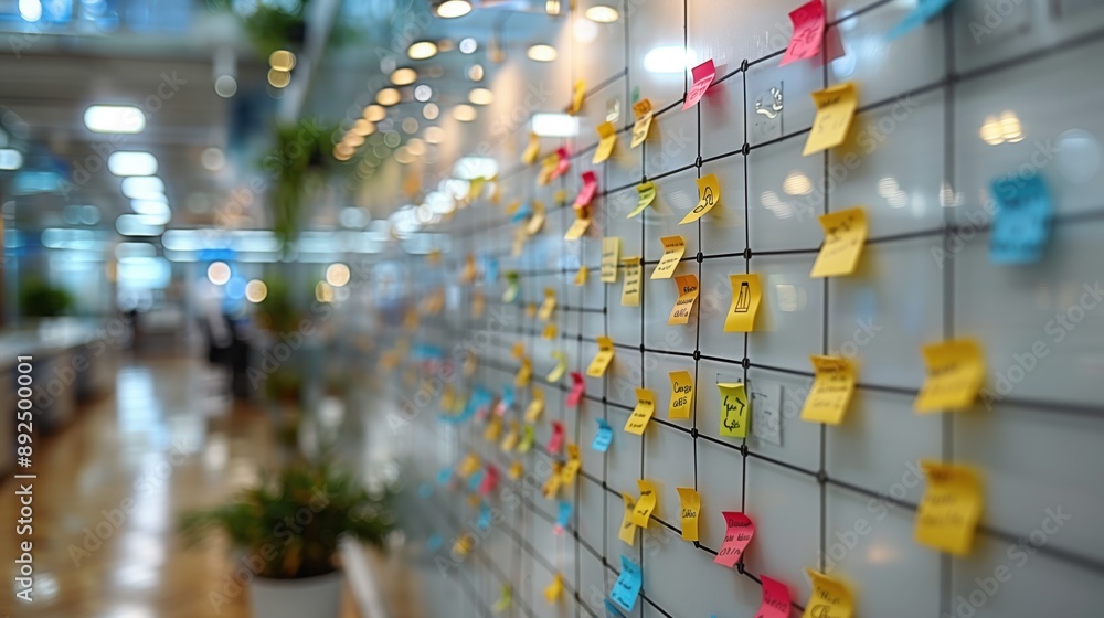 Poster office whiteboard with sticky notes. whiteboard in an office covered with colorful sticky notes, rep