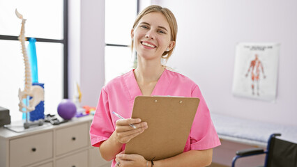 A smiling caucasian woman with blonde hair and blue eyes dressed in pink medical scrubs holds a...