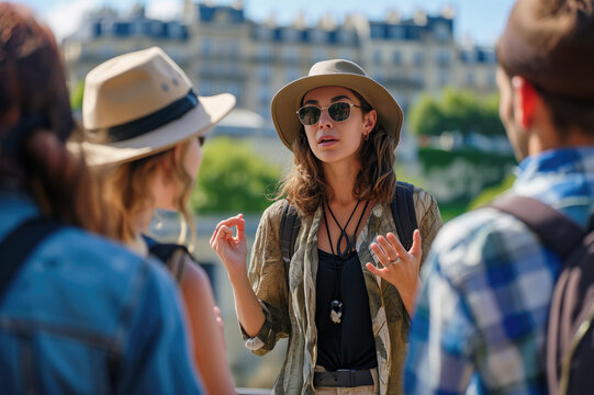 Young female tourist guide showing European city to the group of tourists