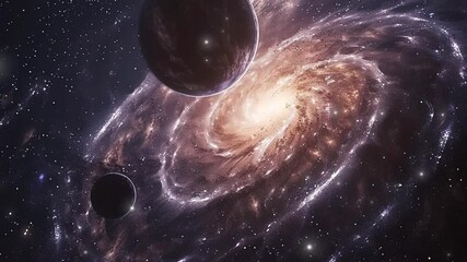 Spiral galaxy with planets and stars in deep space. Solar system with nebulae and galaxy. Science and education background. Stars and galaxies. Galaxy spiral background. Solar system planets