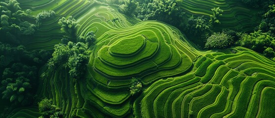 The aerial perspective of terraced rice fields unfolds layers of lush greenery, highlighting agricultural artistry and sustainability