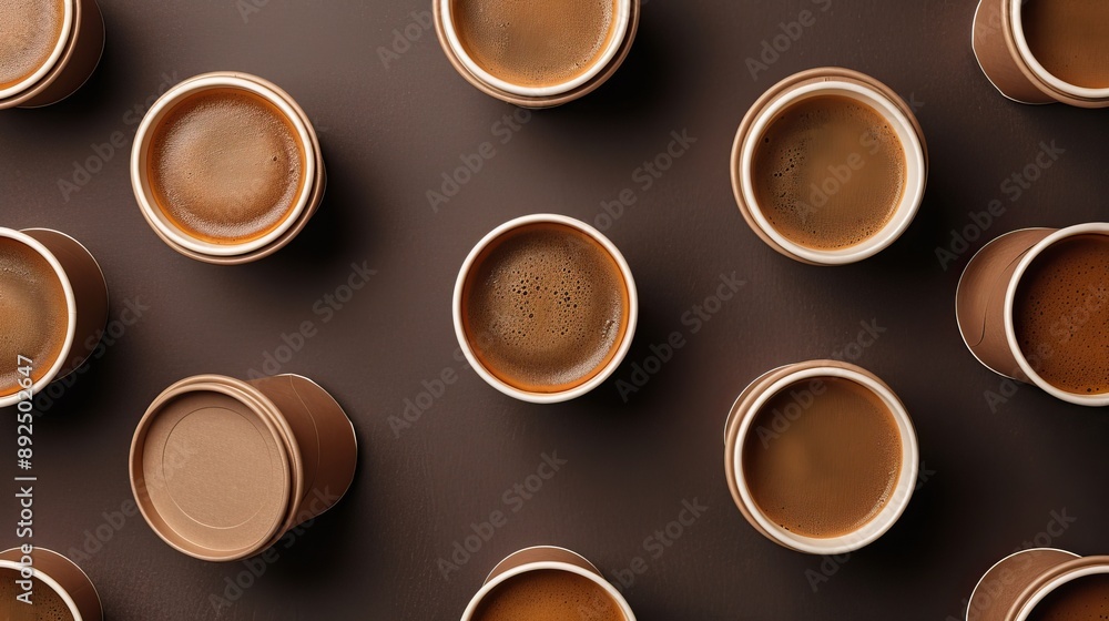 Poster a row of coffee cups with a brown liquid in them. the cups are lined up in a row and are of differen