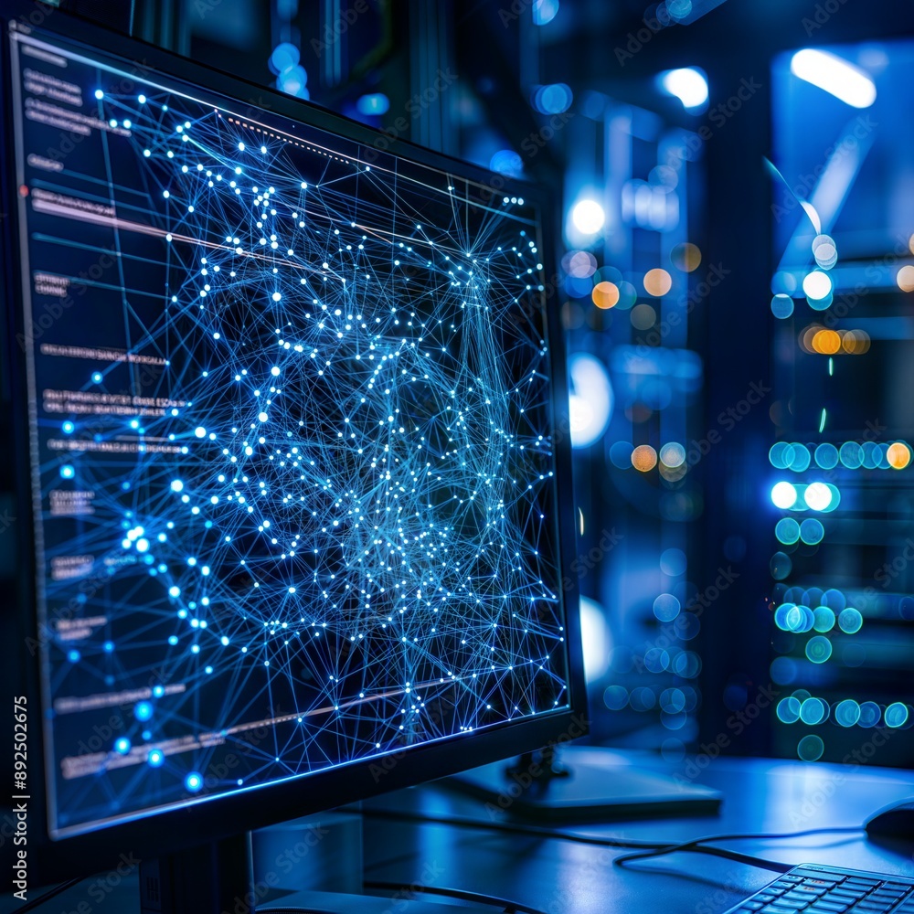 Poster abstract network visualization on computer screen in data center environment with blue lights