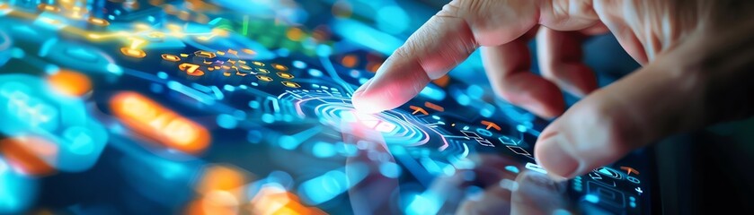 A close-up of finger touching a digital panel, showcasing vibrant technology and interactive graphics in a modern workspace.