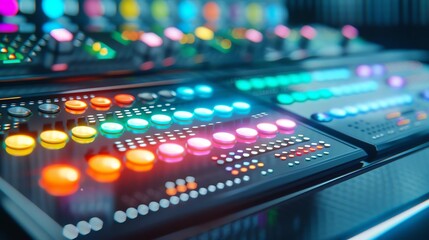 Naklejka premium buttons and controls on a modern audio mixing console, showcasing creativity and technology.