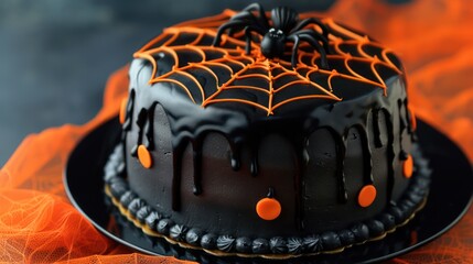 festive Halloween spider web cake with black icing and orange accents on a dark orange background, spooky and perfect for Halloween events