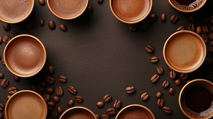 A row of coffee cups with a pile of coffee beans in the background. The cups are arranged in a circle, with some cups closer to the center and others further away