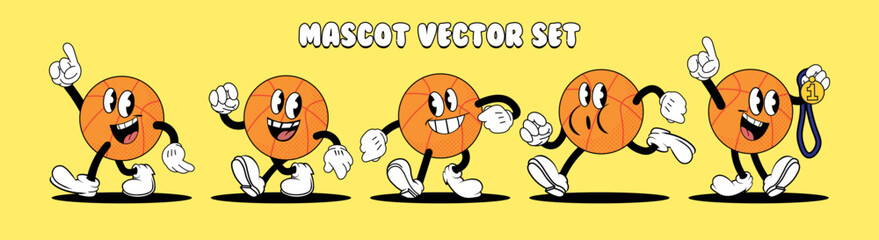Set of vintage cartoon basketball mascots. Different poses and expressions.  Vector
