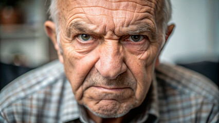 Obraz premium Frustrated elderly Caucasian man's serious face fills the frame, gazing directly at the camera with anger and irritation, conveying online conversation distress.