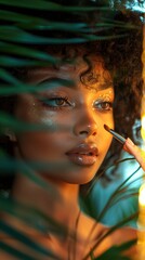 Fototapeta premium A serene scene of a woman calmly applying eyeshadow in front of a softly lit mirror.