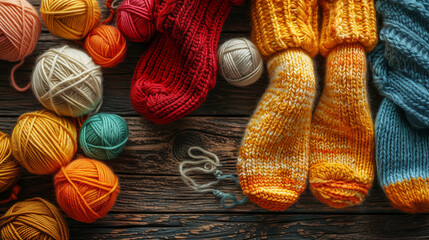 Knitted Socks and Yarn close-up on a dark wooden surface