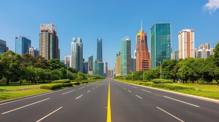 Obraz premium High-tech futuristic buildings lining an empty highway, modern design, bright blue sky, horizontal perspective