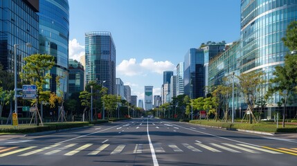 Fototapeta premium High-tech futuristic buildings lining an empty highway, modern design, bright blue sky, horizontal perspective
