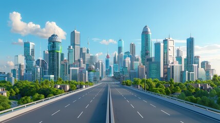 High-tech futuristic city with sleek buildings, empty highway, bright blue sky, horizontal layout