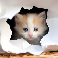  Cute kitten looks through a hole in white paper