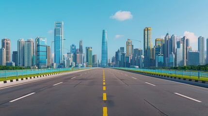 Fototapeta premium Advanced futuristic cityscape, high-tech architecture, empty highway, bright blue sky, horizontal layout