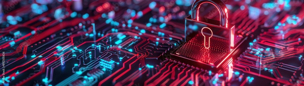 Poster cybersecurity concept with a digital padlock on a glowing red and blue circuit board, representing d