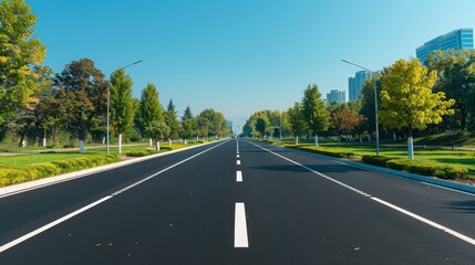 Fototapeta premium Futuristic urban landscape, high-tech empty highway, bright blue sky, modern buildings, horizontal orientation