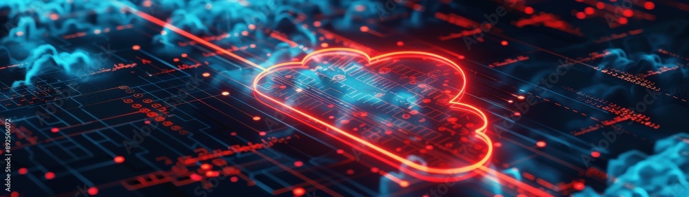 Aufkleber digital illustration of a cloud network glowing with neon red and blue lights, symbolizing cloud com