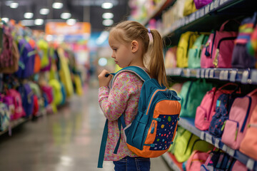 Adorable little girl choosing school bag in supermarket. Back to school concept