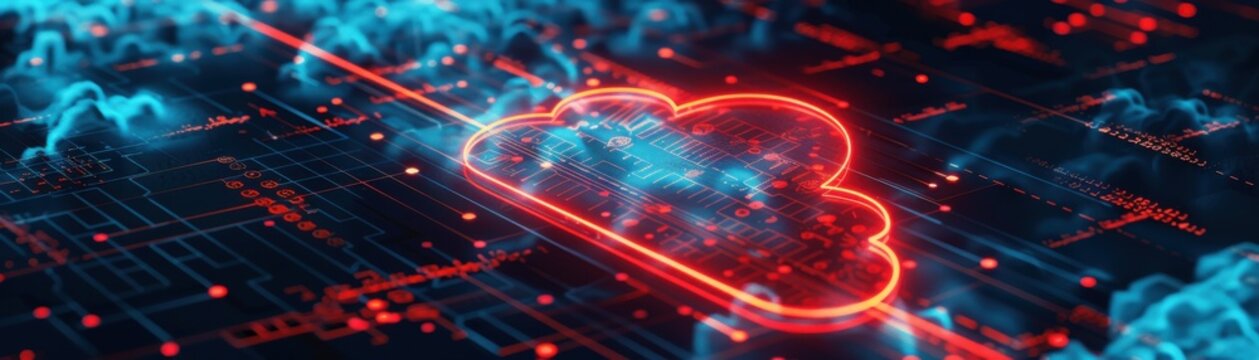 Digital illustration of a cloud network glowing with neon red and blue lights, symbolizing cloud computing and data transfer.