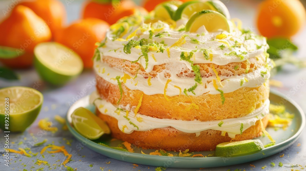 Fototapete fresh citrus cake with lemon and lime zest on a vibrant tangerine background, refreshing and bright 