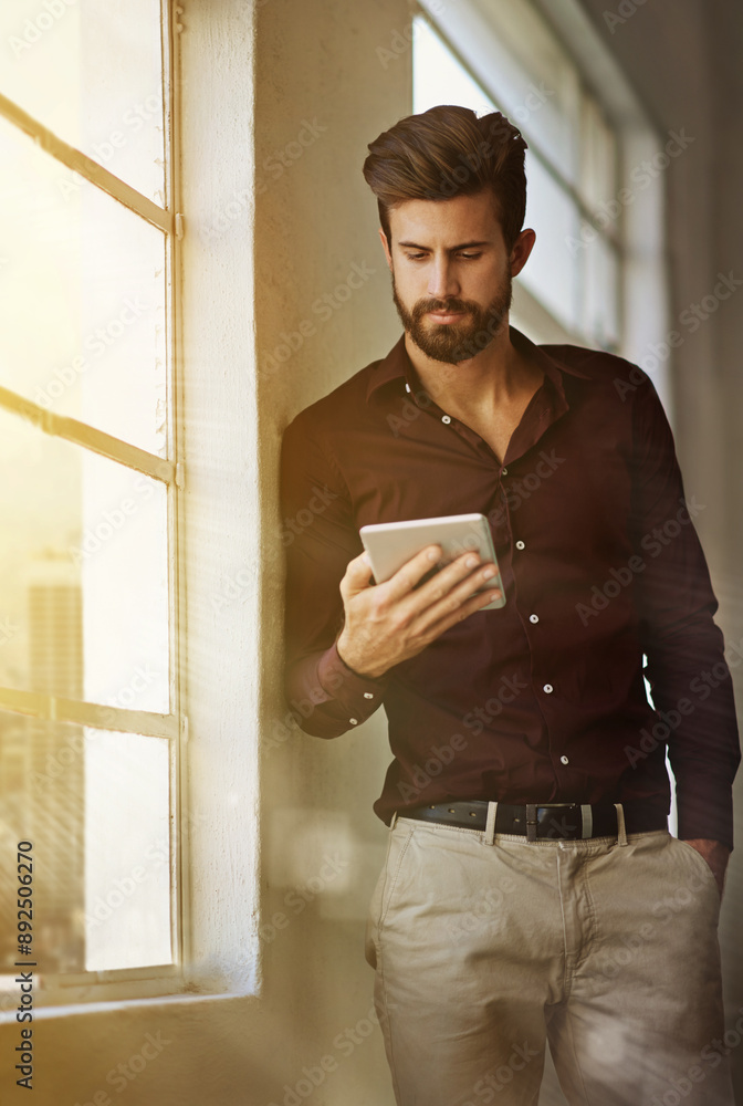 Poster thinking, business and man with tablet, internet and communication with digital app in modern office