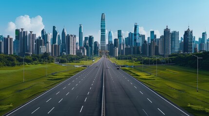 Fototapeta premium Futuristic city with high-tech buildings, empty highway, bright blue sky, horizontal layout, sleek design