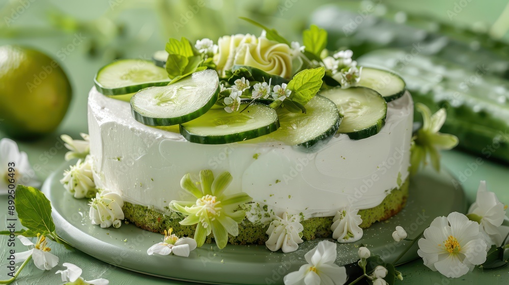Fototapete fresh cucumber and lime cake with edible flowers on a vibrant spring green background, fresh and inv