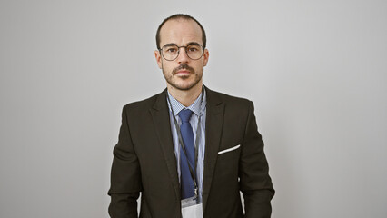 Professional bald man with beard in suit and tie posing against a white background